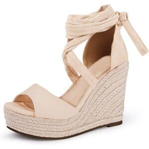 Women's Tan Wedges Open Ankle Strap Toe Tie Lace Up Sandals Heels Shoes